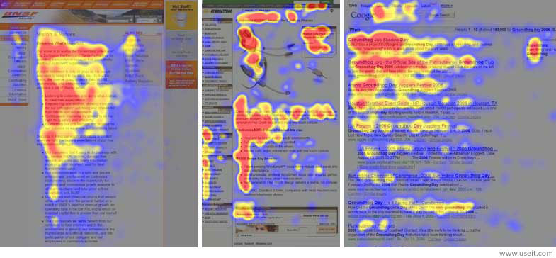 Three screenshots from Nielsen Norman Group's recent eyetracking study.